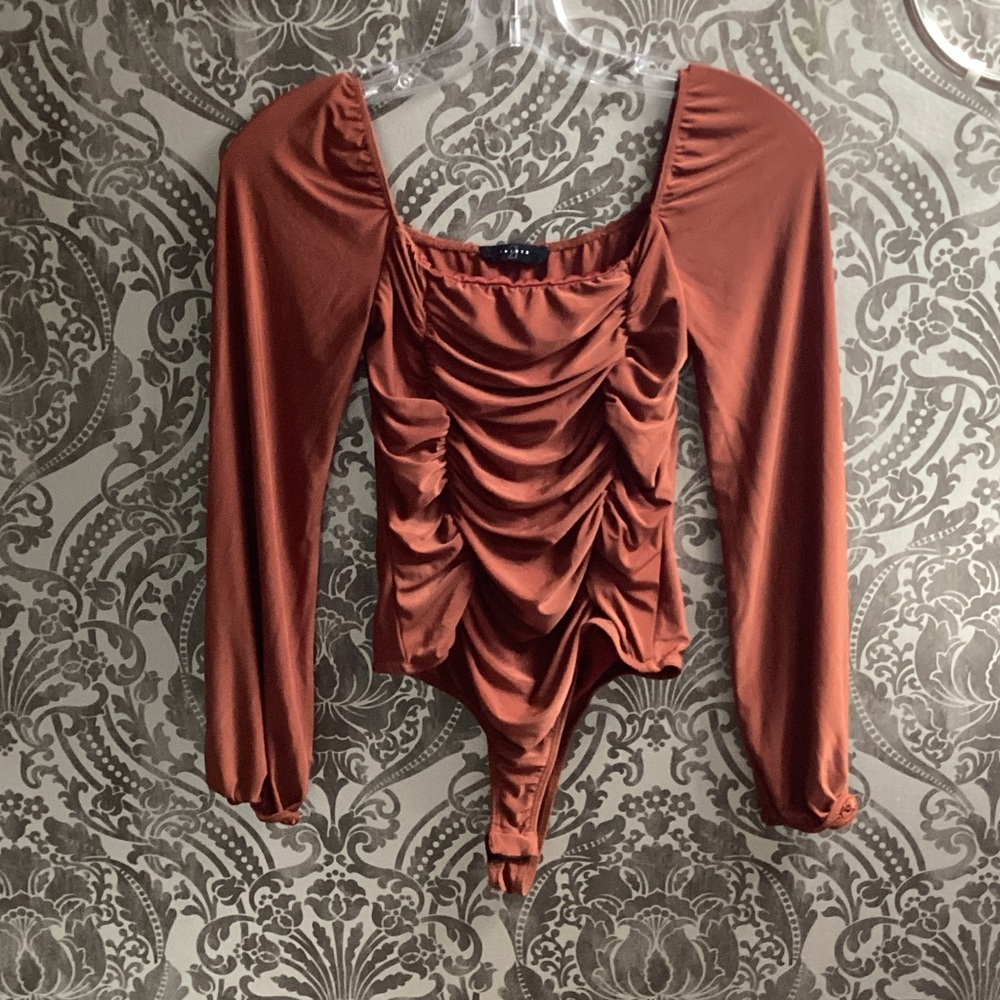 SHEIN Rust Ruched Long Sleeve Bodysuit